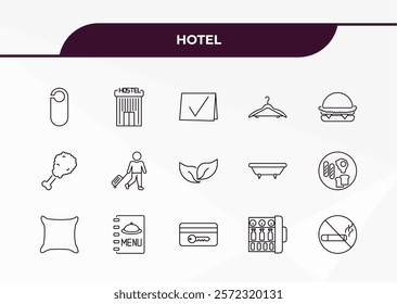 fully editable outline icon collection from hotel concept. thin line icons set such as doorknob, hostel, fried chicken, minibar, no smoking,