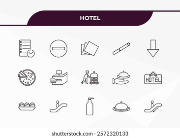 fully editable outline icon collection from hotel concept. thin line icons set such as agenda, do not disturb, pizza, restaurant tray, or down,