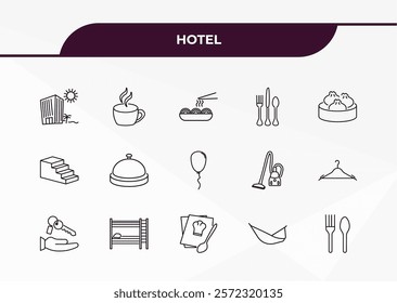 fully editable outline icon collection from hotel concept. thin line icons set such as beach hotel, coffee, stairway, hammock, cutlery,