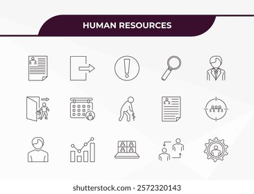 fully editable outline icon collection from human resources concept. thin line icons set such as resume, quit, exit interview, change personal, skills,