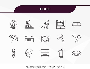 fully editable outline icon collection from hotel concept. thin line icons set such as people, receptionist, beach umbrella, fire extinguisher, sandwich,