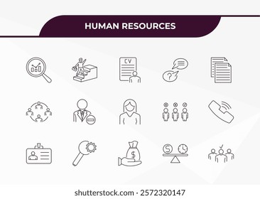 fully editable outline icon collection from human resources concept. thin line icons set such as analysis, career, work team, time balance, selection,