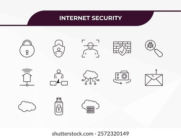 fully editable outline icon collection from internet security concept. thin line icons set such as locked, local network, malware, pendrive security, cloud server,