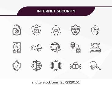 fully editable outline icon collection from internet security concept. thin line icons set such as insecure, protected, hard disc, encrypted, medical research,