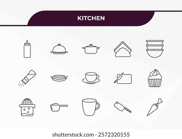 fully editable outline icon collection from kitchen concept. thin line icons set such as sauce, platter, seasoning, cleaver, pastry bag,