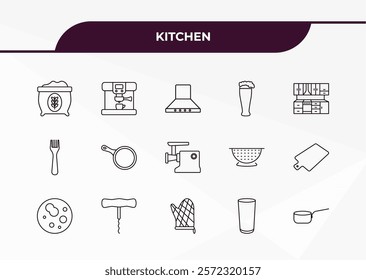 fully editable outline icon collection from kitchen concept. thin line icons set such as flour, coffee hine, fork, glass, saucepan,