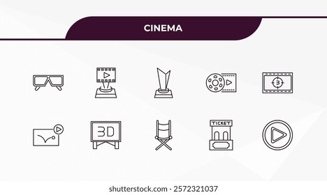 fully editable outline icon collection from cinema concept. thin line icons set such as 3d movie, film award, animation, box office, 3d video,