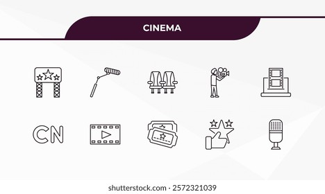 fully editable outline icon collection from cinema concept. thin line icons set such as movie billboard, movie microphone,  , thumb up with star, studio mic,