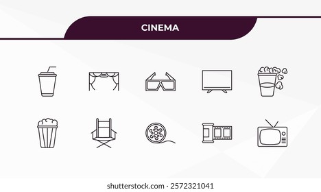 fully editable outline icon collection from cinema concept. thin line icons set such as papper cup with straw, cinema curtains, popcorn bag, film negatives, television with antenna,