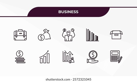 fully editable outline icon collection from business concept. thin line icons set such as business briefcase, finance, dollar coins stack, give money, maths tool,