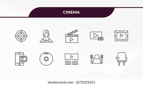 fully editable outline icon collection from cinema concept. thin line icons set such as film counter, actress, buy tickets online, red carpet, cinema seats,