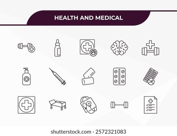 fully editable outline icon collection from health and medical concept. thin line icons set such as exercise, serum, desinfectant, weightlifting, medical file,