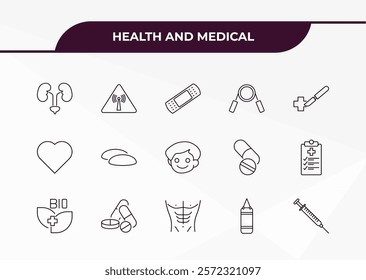 fully editable outline icon collection from health and medical concept. thin line icons set such as urology, non ionizing radiation, heart, punching bag, syringe,