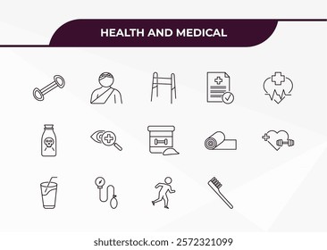 fully editable outline icon collection from health and medical concept. thin line icons set such as chest expander, injury, poisonous, running, tooth brush,