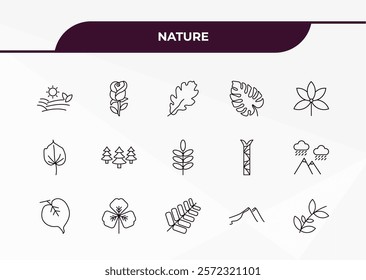 fully editable outline icon collection from nature concept. thin line icons set such as farming, roses, cordate, dune, black willow,