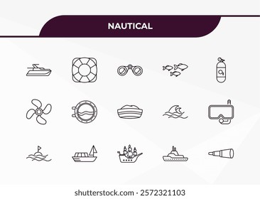 fully editable outline icon collection from nautical concept. thin line icons set such as fishes, life preserver, porthole, frigate, boat telescope,