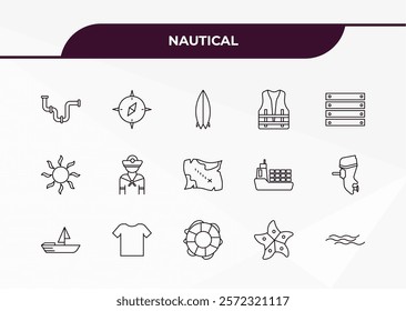 fully editable outline icon collection from nautical concept. thin line icons set such as shirt, double air tank, big starfish, speed boat facing right, sailor hat,