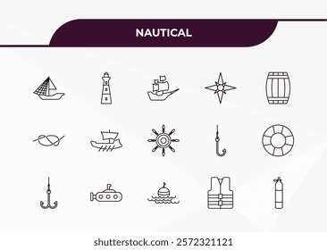 fully editable outline icon collection from nautical concept. thin line icons set such as big shell, star inside circle, compass, helm, air tank,