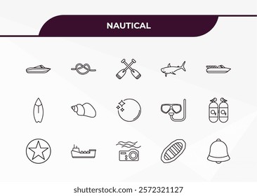 fully editable outline icon collection from nautical concept. thin line icons set such as propeller, knot, big anchor, roofless speed boat, boat bell,