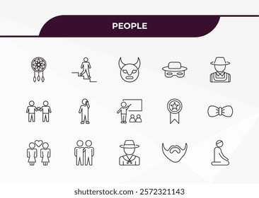 fully editable outline icon collection from people concept. thin line icons set such as bohemian, walking downstairs, no racism, facial hair, julus,