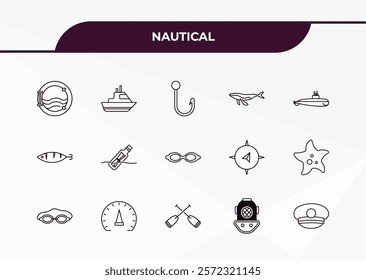 fully editable outline icon collection from nautical concept. thin line icons set such as paddles, rope knot, fish facing right, diving helmet, captain hat,