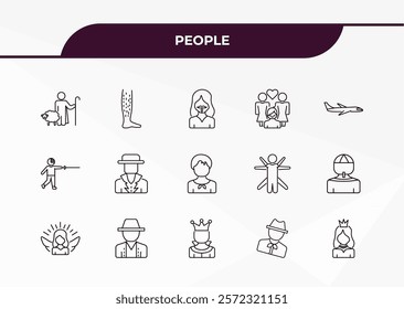 fully editable outline icon collection from people concept. thin line icons set such as shepherd, hairy, fencing attack, costa rica, princes,