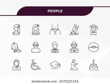 fully editable outline icon collection from people concept. thin line icons set such as venezuelan, mexican woman, baby with diaper, salat, birth,