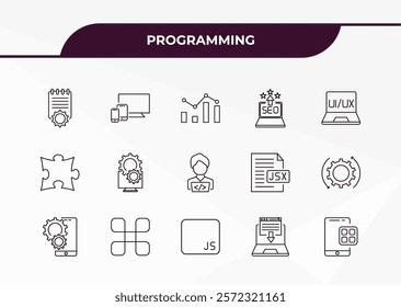 fully editable outline icon collection from programming concept. thin line icons set such as compiler, responsive, addon, landing page, mobile app,