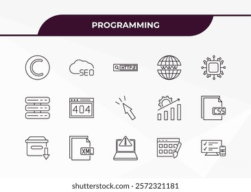 fully editable outline icon collection from programming concept. thin line icons set such as copyright, seo cloud, server, theme, adaptive layout,