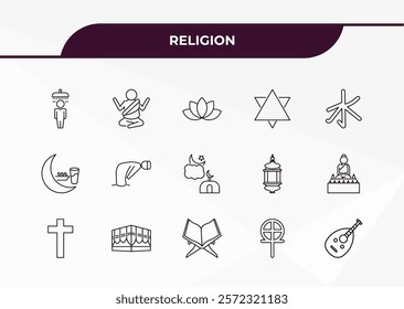 fully editable outline icon collection from religion concept. thin line icons set such as islamic ghusl, buddhist monk, fasting, gticism, oud,