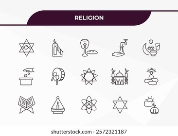 fully editable outline icon collection from religion concept. thin line icons set such as inclined fish, minbar, sadaqah charity, hebrew, assr,