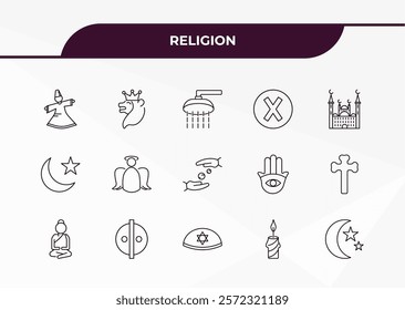 fully editable outline icon collection from religion concept. thin line icons set such as sufi mystic, lion of judah, ramadan crescent moon, candle, star and crescent moon,