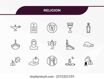 fully editable outline icon collection from religion concept. thin line icons set such as arabian magic lamp, commandments, diwali, islamic pray, fajr dawn prayer,