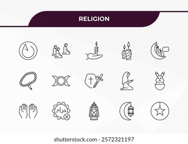 fully editable outline icon collection from religion concept. thin line icons set such as asceticism, islamic friday prayer, prayer beads, ramadan month, anglican,