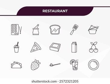 fully editable outline icon collection from restaurant concept. thin line icons set such as sushi mix, mortar with e, ice cream cup, lemonade with straw, round plate,