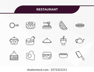 fully editable outline icon collection from restaurant concept. thin line icons set such as frying pan from top, sushi piece, boiling water pan, hot dog with ketchup, big knife,