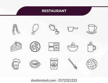 fully editable outline icon collection from restaurant concept. thin line icons set such as two brochettes, fried chicken thighs, cut cake piece, salad fork, pita bread,