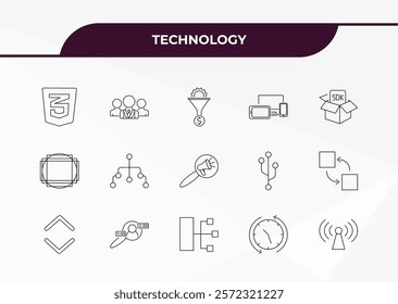 fully editable outline icon collection from technology concept. thin line icons set such as css3, leading, grid system, uptime and downtime, reach,