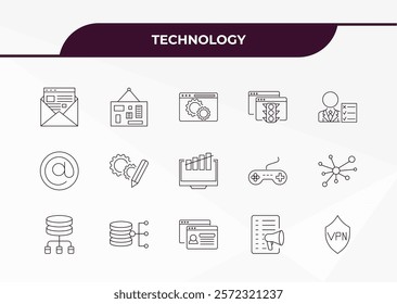 fully editable outline icon collection from technology concept. thin line icons set such as email marketing, mood board, mentions, content marketing, vpn,