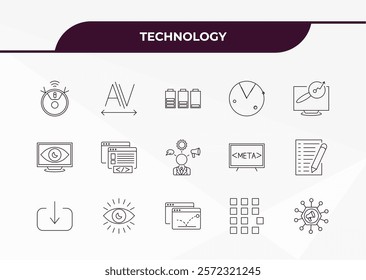 fully editable outline icon collection from technology concept. thin line icons set such as robot vacuum, kerning, retina display, pixels per inch, multichannel marketing,