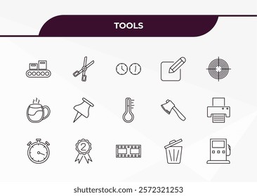 fully editable outline icon collection from tools concept. thin line icons set such as packing hine, forceps, cup of hot coffee, trash can open, fuel oil bomb service,