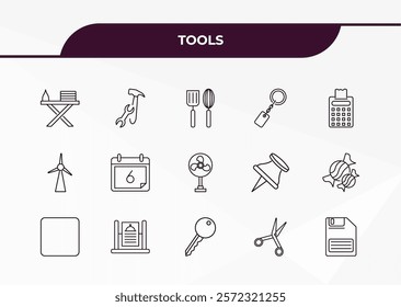 fully editable outline icon collection from tools concept. thin line icons set such as iron table, tools and utensils, windmills, open scissors, face down floppy disk,