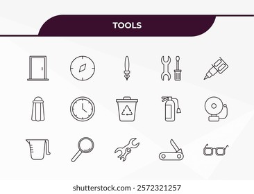 fully editable outline icon collection from tools concept. thin line icons set such as doors, cardinal points, pepper container, penknife, optical,