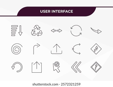 fully editable outline icon collection from user interface concept. thin line icons set such as sorting, recycle, spiral tool, two left arrows, curvy road warning,