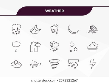 fully editable outline icon collection from weather concept. thin line icons set such as snowy, cloudy night, sprinkle weather, thaw, bolt,