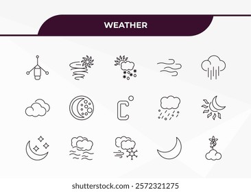 fully editable outline icon collection from weather concept. thin line icons set such as anemometer, tropical cyclone, cumulus, waxing moon, spring,