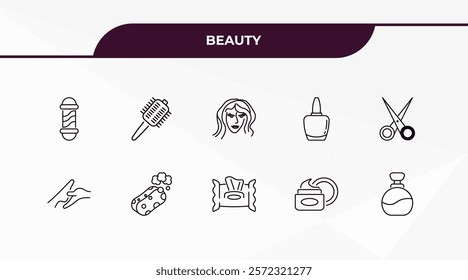 fully editable outline icon collection from beauty concept. thin line icons set such as barber shop, hairbrush, massage, moisturizer, round perfume bottle,