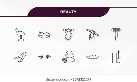 fully editable outline icon collection from beauty concept. thin line icons set such as beauty salon chair, woman lips, legs, big moustache, mascara,