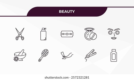 fully editable outline icon collection from beauty concept. thin line icons set such as open hair scissors, hair spray, mortar bowl, hair straightener, inclined bottle,