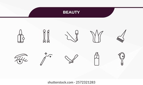 fully editable outline icon collection from beauty concept. thin line icons set such as nail polish removal, inclined makeup brush, woman eye, aplicator bottle, makeup mirror,